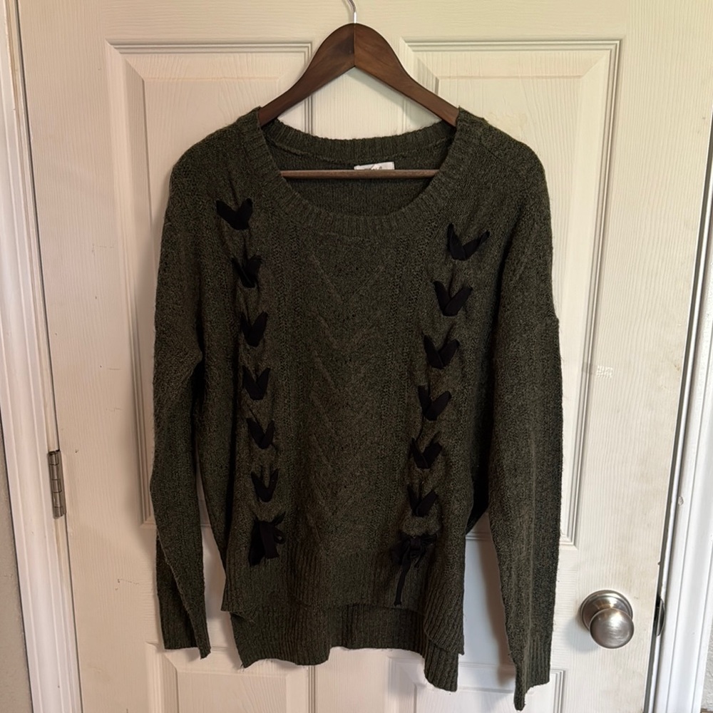 Maurices Green and Black Crew Neck Sweater with Lace-Up Detail